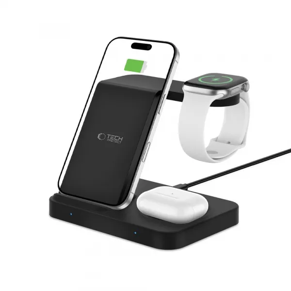 Tech-Protect A37 3in1 bezdrôtová nabíjačka na mobil / Apple Watch / AirPods, čierna