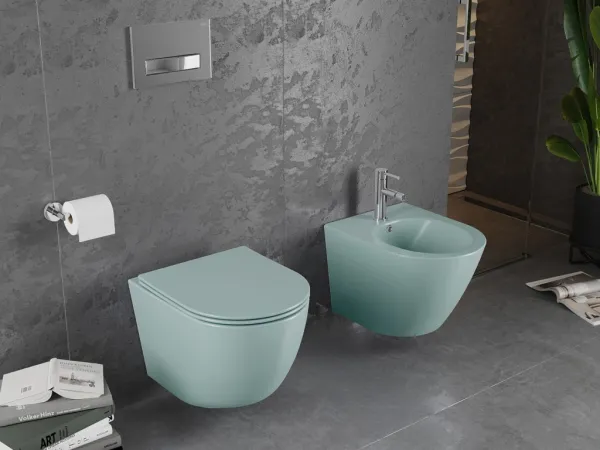 MEXEN - Lena Závesná WC misa Rimless vrátane sedátka s slow, Duroplast, svetlo zelená mat 30224048