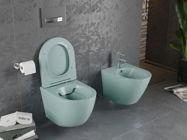 MEXEN - Lena Závesná WC misa Rimless vrátane sedátka s slow, Duroplast, svetlo zelená mat 30224048