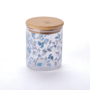Sklenená dóza s bambusovým vekom MODRÉ KVETY 440 ml