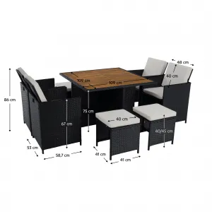 Záhradný ratanový set, akáciové drevo, čierna/krémová/prírodná, MELFORD