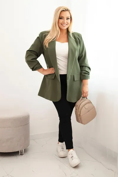Legínovo Elegantné béžové dámske sako Plus Size Farba: Khaki, Veľkosť: UNI