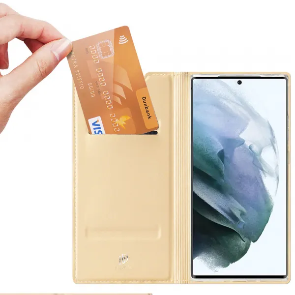 DUX DUCIS Skin Pro knižkové kožené puzdro na Samsung Galaxy S22 Ultra, zlaté