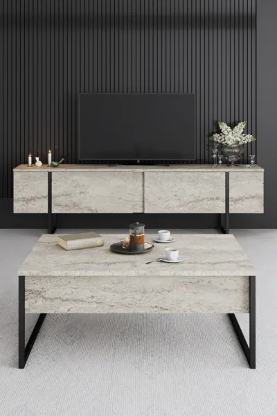 TV stolík Luxe - Travertine, Black