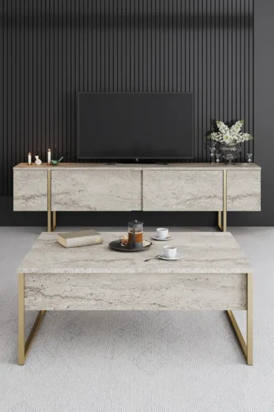 TV stolík Luxe - Travertine, Gold
