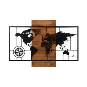 Dekoratívny drevený doplnok na stenu World Map Wıth Compass