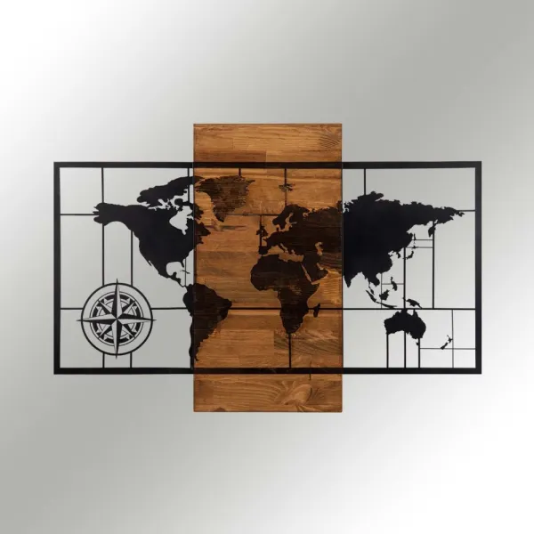 Dekoratívny drevený doplnok na stenu World Map Wıth Compass