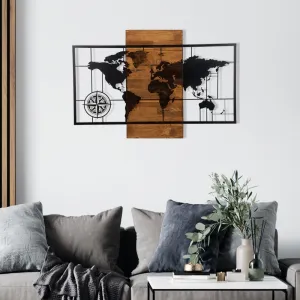 Dekoratívny drevený doplnok na stenu World Map Wıth Compass