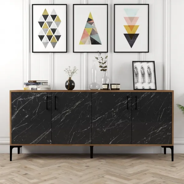 Konzolový stolík Kiev - Walnut, Black Marble