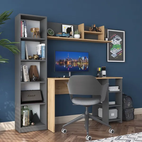Kalune Design Moderní sada Megis s psacím stolem, knihovnou a policí ořech/antracit