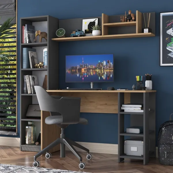 Kalune Design Moderní sada Megis s psacím stolem, knihovnou a policí ořech/antracit