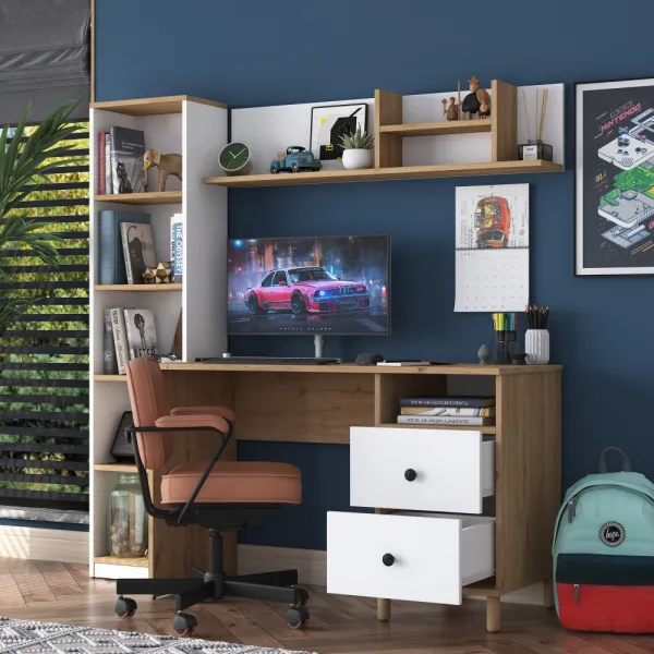 Kalune Design Moderní sada Darah s psacím stolem, knihovnou a policí ořech/bílá