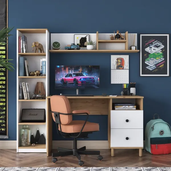 Kalune Design Moderní sada Darah s psacím stolem, knihovnou a policí ořech/bílá