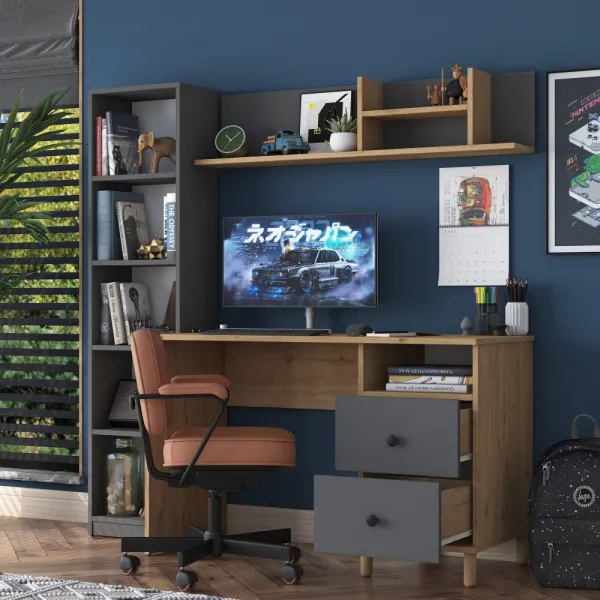 Kalune Design Moderní sada Darah s psacím stolem, knihovnou a policí ořech/antracit