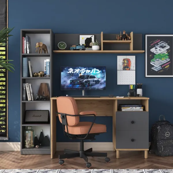 Kalune Design Moderní sada Darah s psacím stolem, knihovnou a policí ořech/antracit