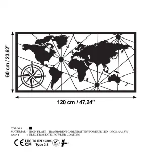 Dekoratívny kovový doplnok na stenu World Map Led 452
