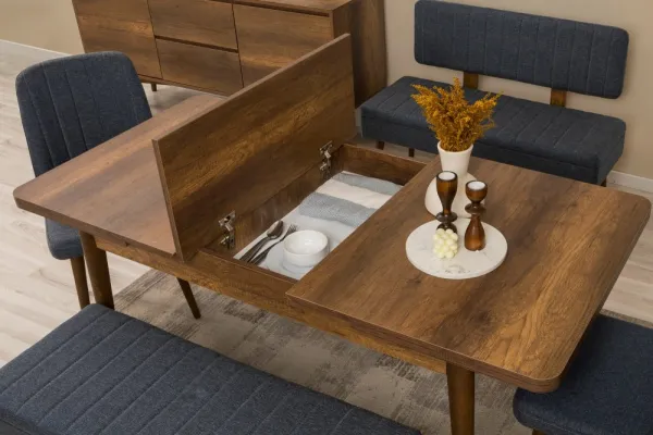 Set s rozkladacím stolom, stoličkami a konzolou (6 kusov) Vina Bench 04 1048 - Walnut, Dark Blue