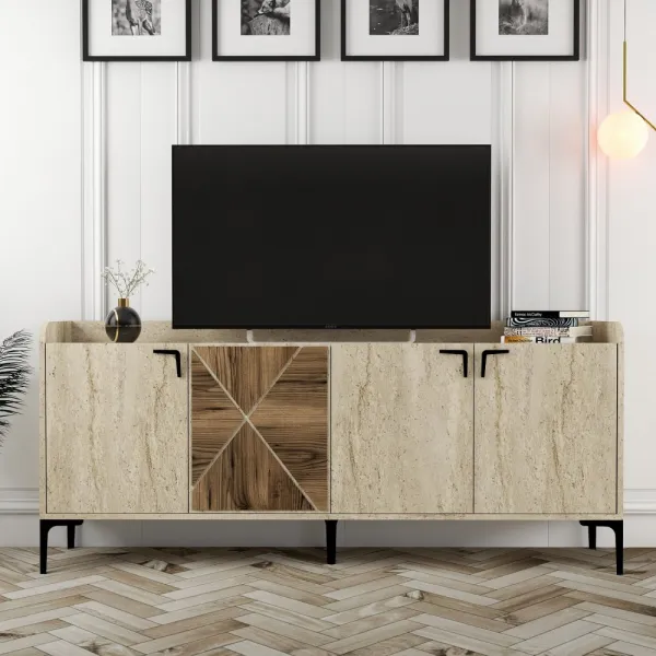 Konzolový stolík Venedik - Walnut, Travertine