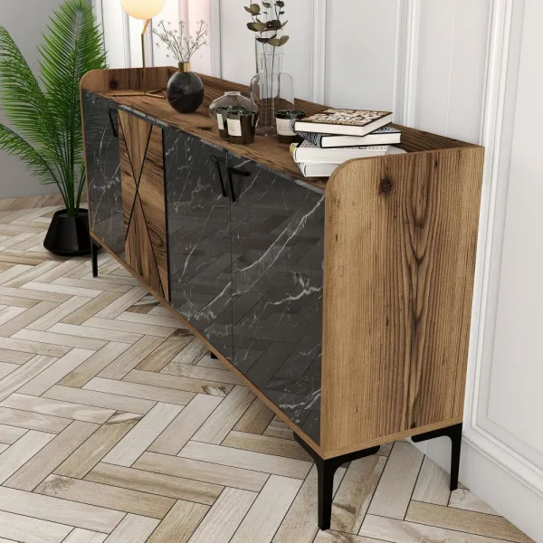 Konzolový stolík Venedik - Walnut, Black Marble