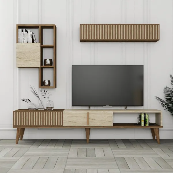 TV skrinka / Obývacia stena Milan - Walnut, Travertine