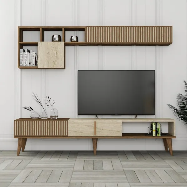 TV skrinka / Obývacia stena Milan - Walnut, Travertine