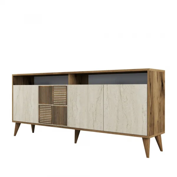 Konzolový stolík / Komoda Milan - Walnut, Travertine