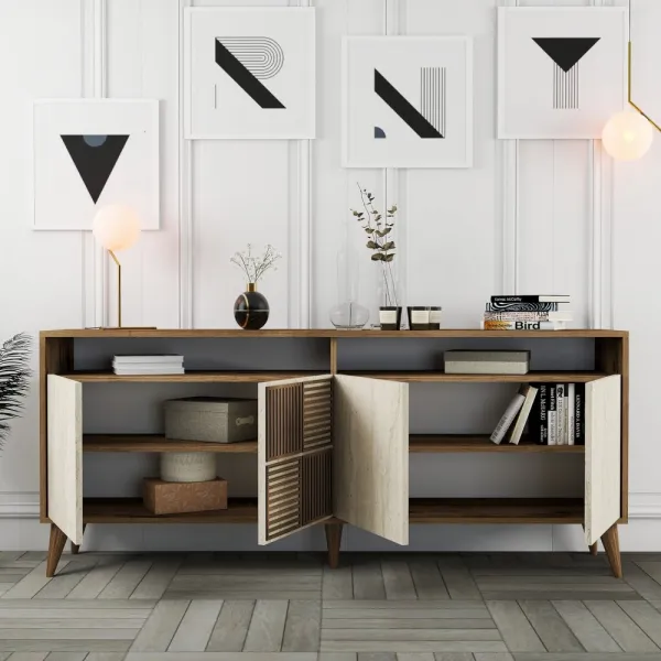 Konzolový stolík / Komoda Milan - Walnut, Travertine