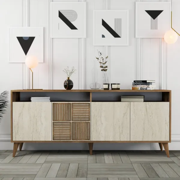 Konzolový stolík / Komoda Milan - Walnut, Travertine