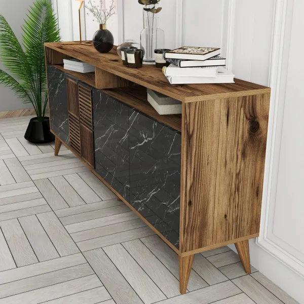 Konzolový stolík Milan - Walnut, Black Marble