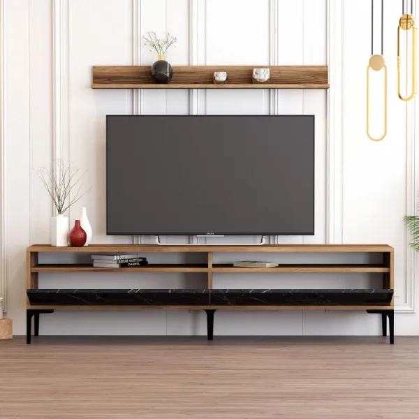 TV skrinka / Obývacia stena Istanbul - Walnut, Black Marble