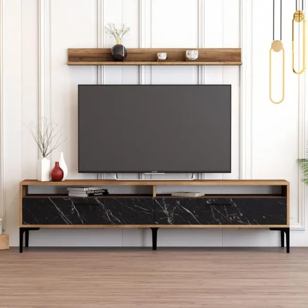 TV skrinka / Obývacia stena Istanbul - Walnut, Black Marble