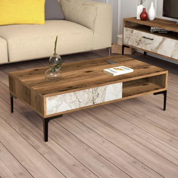 Living Room Furniture Set Istanbul - Walnut, White Marble