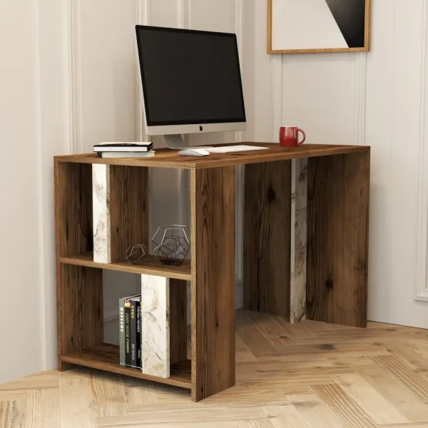 Písací stôl Lima - Walnut, White Marble
