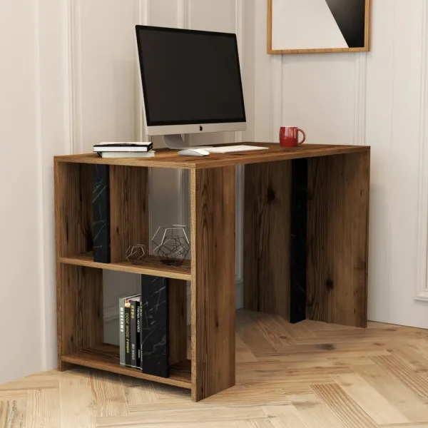 Písací stôl Lima - Walnut, Black Marble