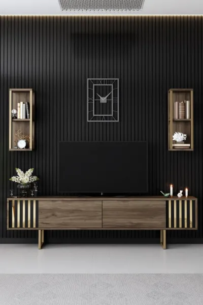 TV skrinka / Obývacia stena Gold Line - Walnut, Black