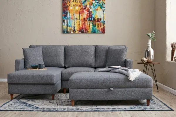 Hanah Home Rohová sedací souprava Eva 210 cm s taburetem šedá levá