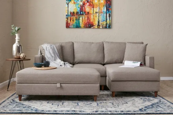 Hanah Home Rohová sedací souprava Eva 210 cm s taburetem béžová pravá