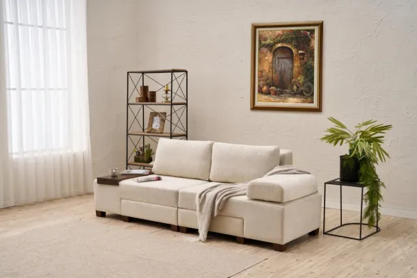 Hanah Home Rozkládací třímístná pohovka Perenna 233 cm krémová/ořech