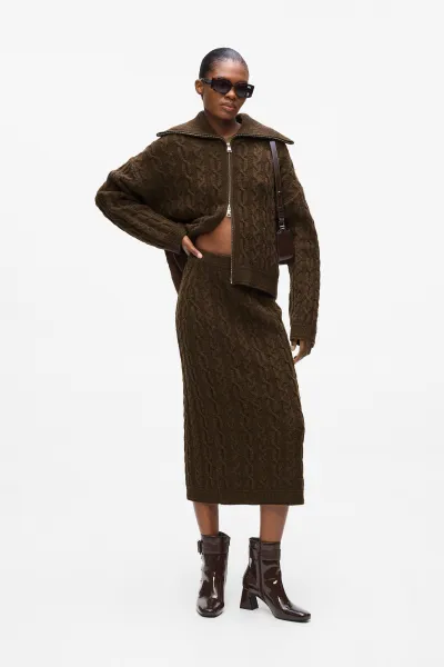 Sveter Karl Lagerfeld Cable Knit Zip Up Java