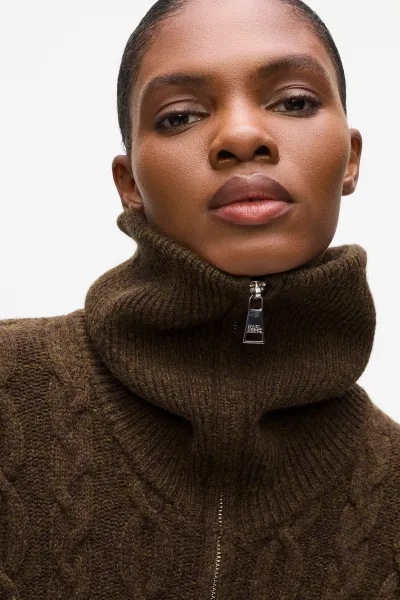 Sveter Karl Lagerfeld Cable Knit Zip Up Java