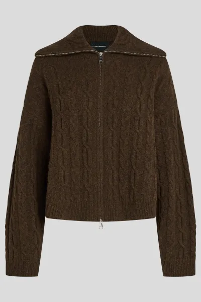 Sveter Karl Lagerfeld Cable Knit Zip Up Java