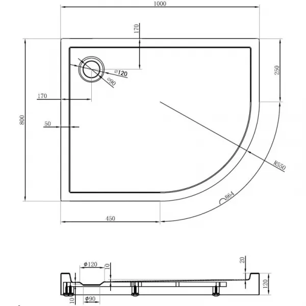 MEXEN - Flow+ Sprchová vanička štvrťkruh asymetrická ľavá 100 x 80, čierna mat 46Q708010LH