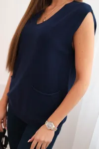 Legínovo Dámsky viskózový sveter bez rukávov s vreckami a V-výstrihom čierny Farba: Námornícka modrá, Veľkosť: UNI
