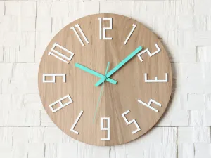ModernClock Dřevěné nástěnné hodiny Slim 33 cm bílé/mint/hnědé