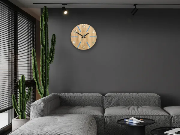 ModernClock Drevené nástenné hodiny Aksel 33 cm dub prírodný/modrý