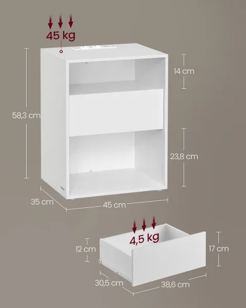 SONGMICS Nočný stolík Vasagle Adar s nabíjacou stanicou biely