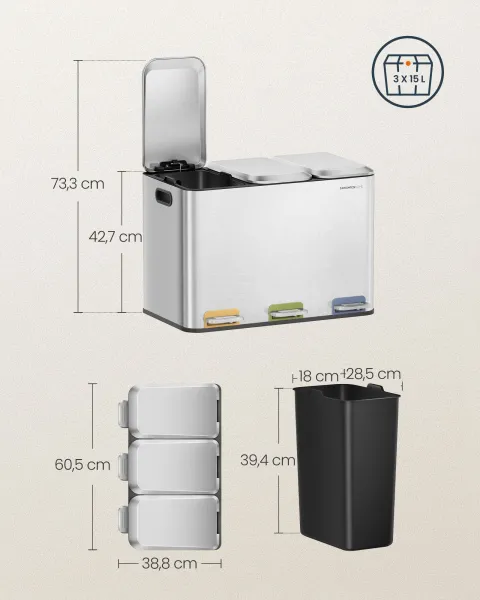 SONGMICS Odpadkový kôš Bliss 3x15 l strieborný