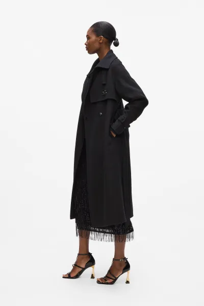 Kabát Karl Lagerfeld Belted Long Soft Wool Coat Black