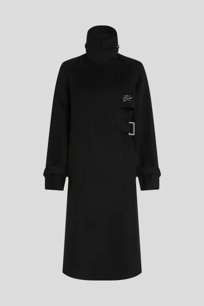 Kabát Karl Lagerfeld Belted Long Soft Wool Coat Black