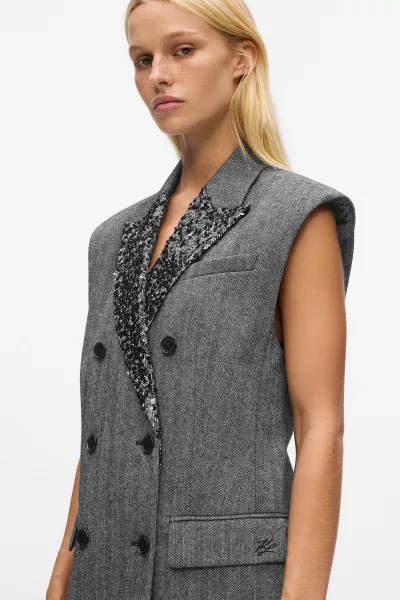 Vesta Karl Lagerfeld Embellished Lapel Tweed Gilet Grey/Black
